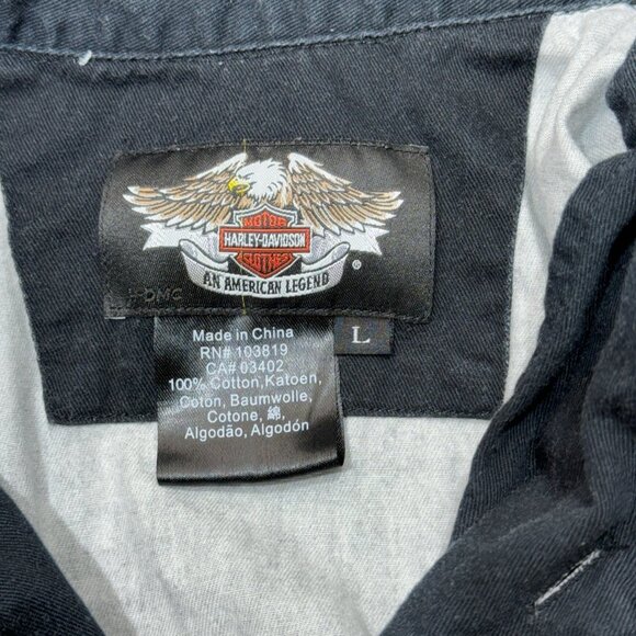 Harley Davidson Shirt Men Large Black‎ Orange Flames Script Bar Shield Zip Short - Picture 7 of 16